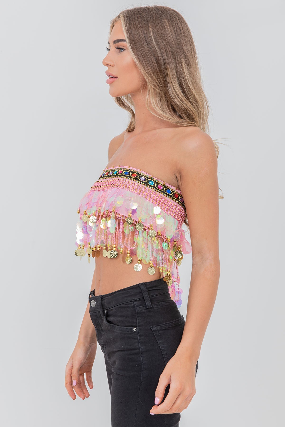 Tassel Sequin Tie Up Back Crop Top Jem Trim Pink
