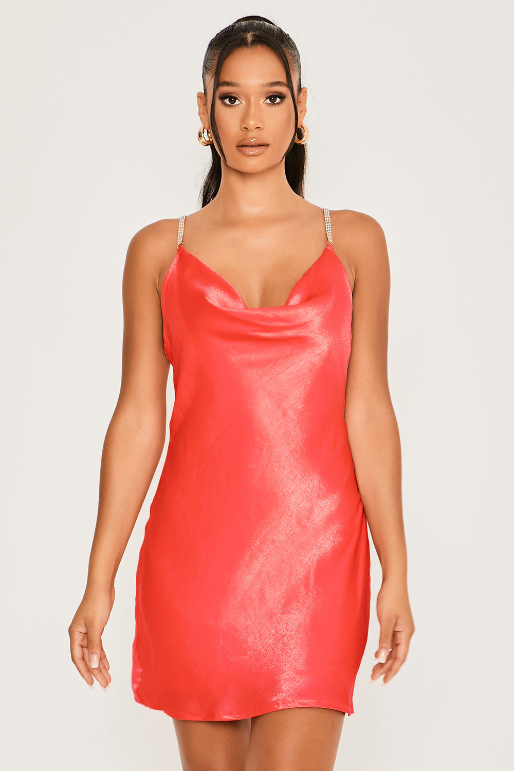 Cowl Neck Drape Satin Diamante Strap Dress Coral