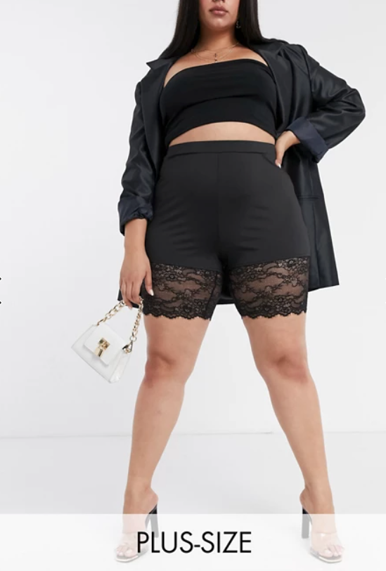 Plus Size High Waist Stretch Eyelash Lace Hem Cycling Shorts Black
