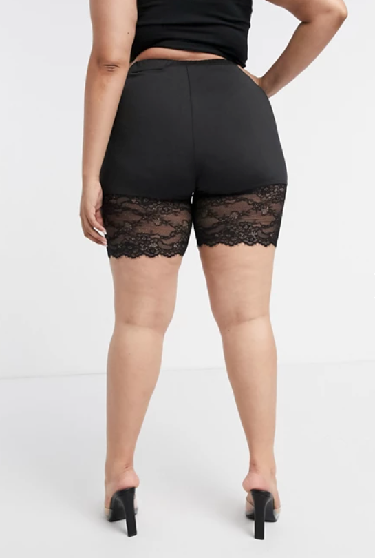 Plus Size High Waist Stretch Eyelash Lace Hem Cycling Shorts Black