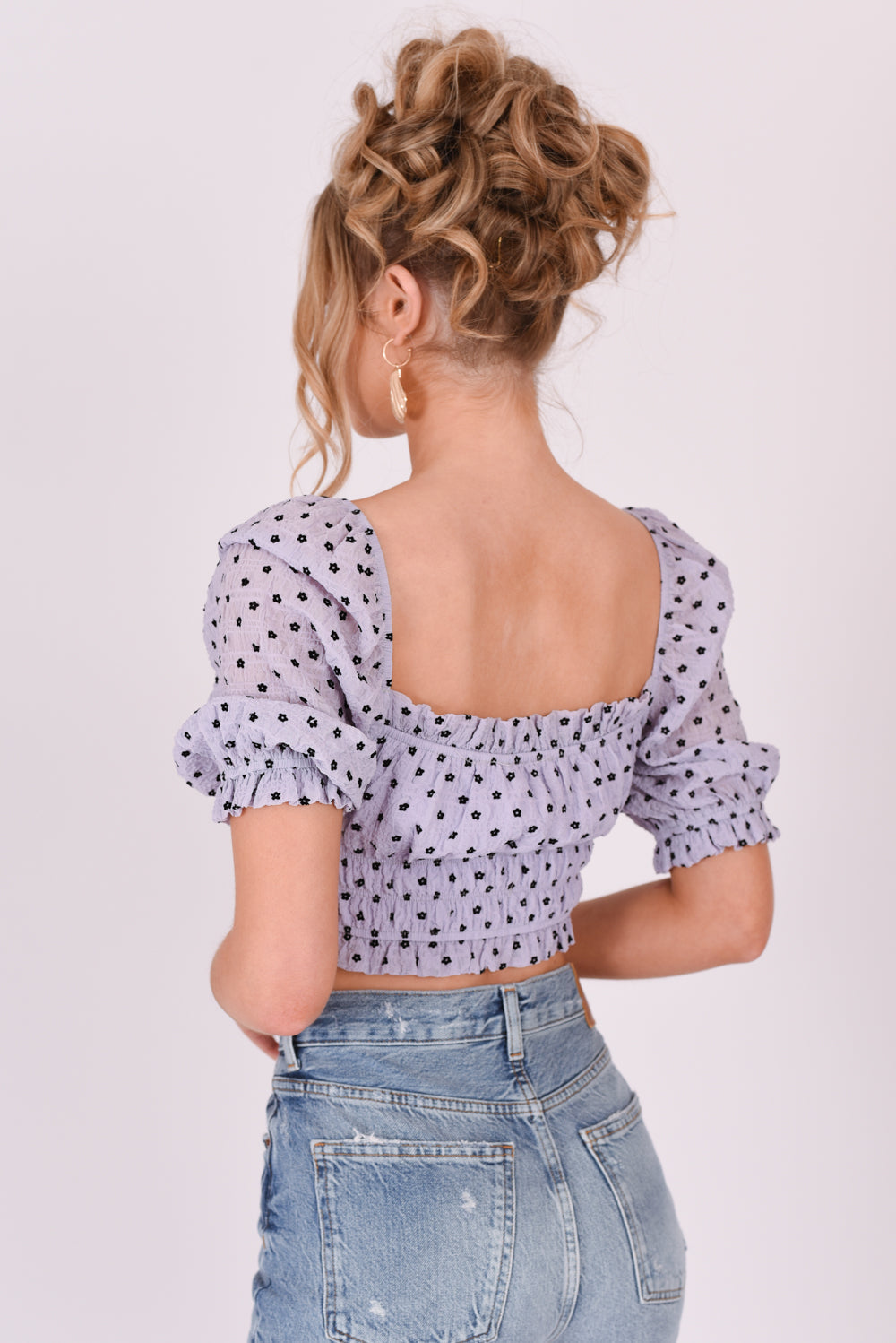 Ditsy Floral Puff Sleeve Ruched Crop Top Lilac