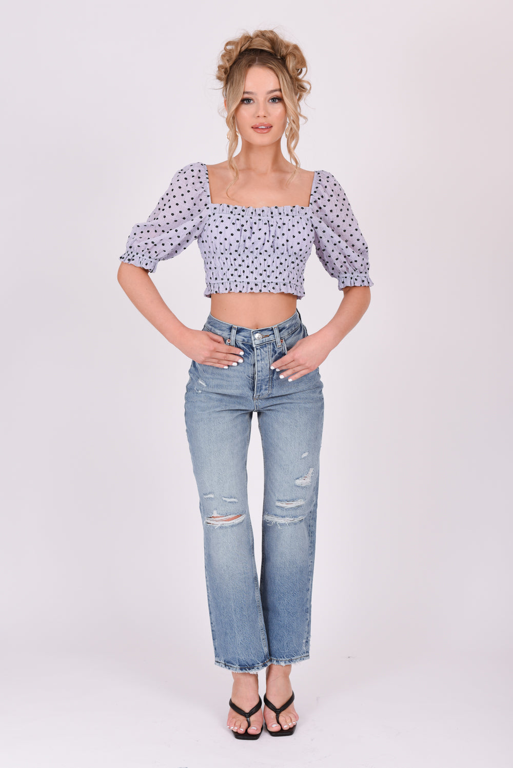 Ditsy Floral Puff Sleeve Ruched Crop Top Lilac