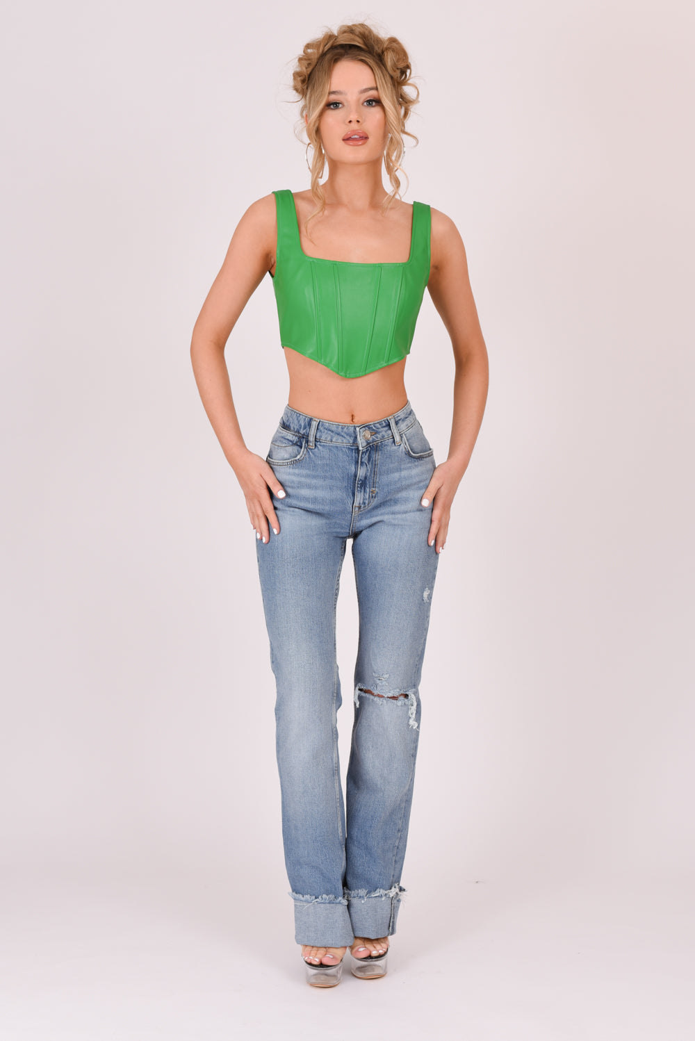 Croc Pu Square Neck Corset Top Green