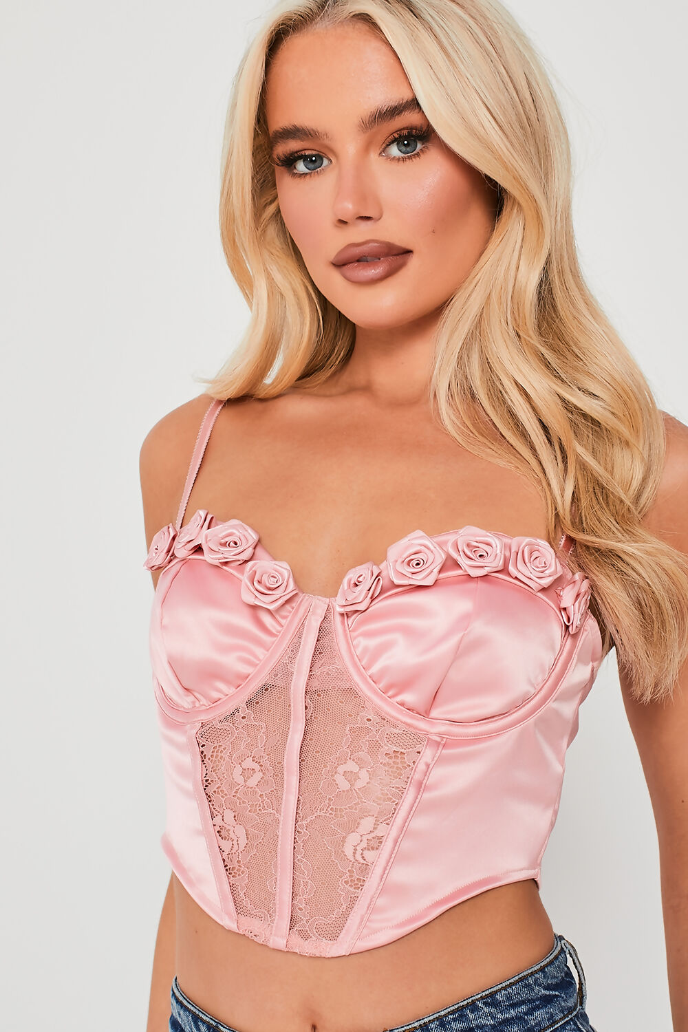 Floral Applique Lace Detail Crop Top Pink