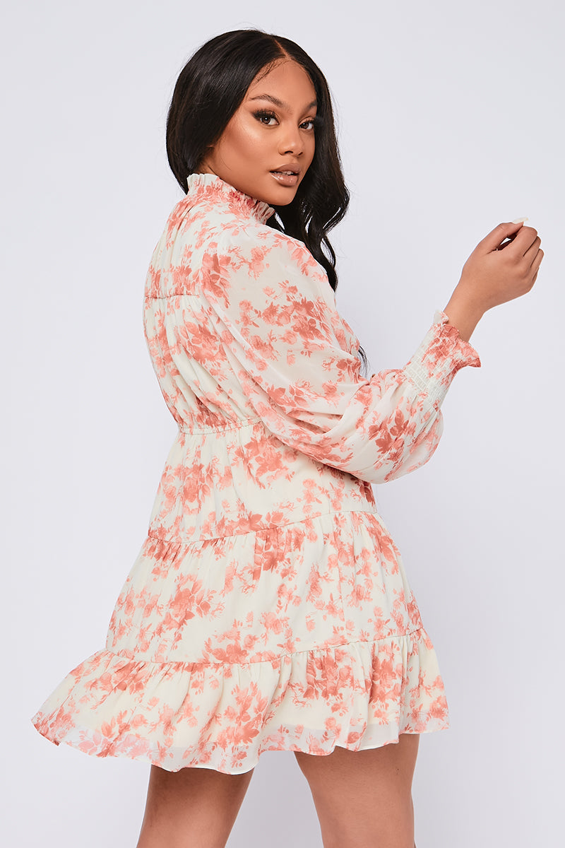 Cream Floral Print Chiffon High Neck Swing Dress
