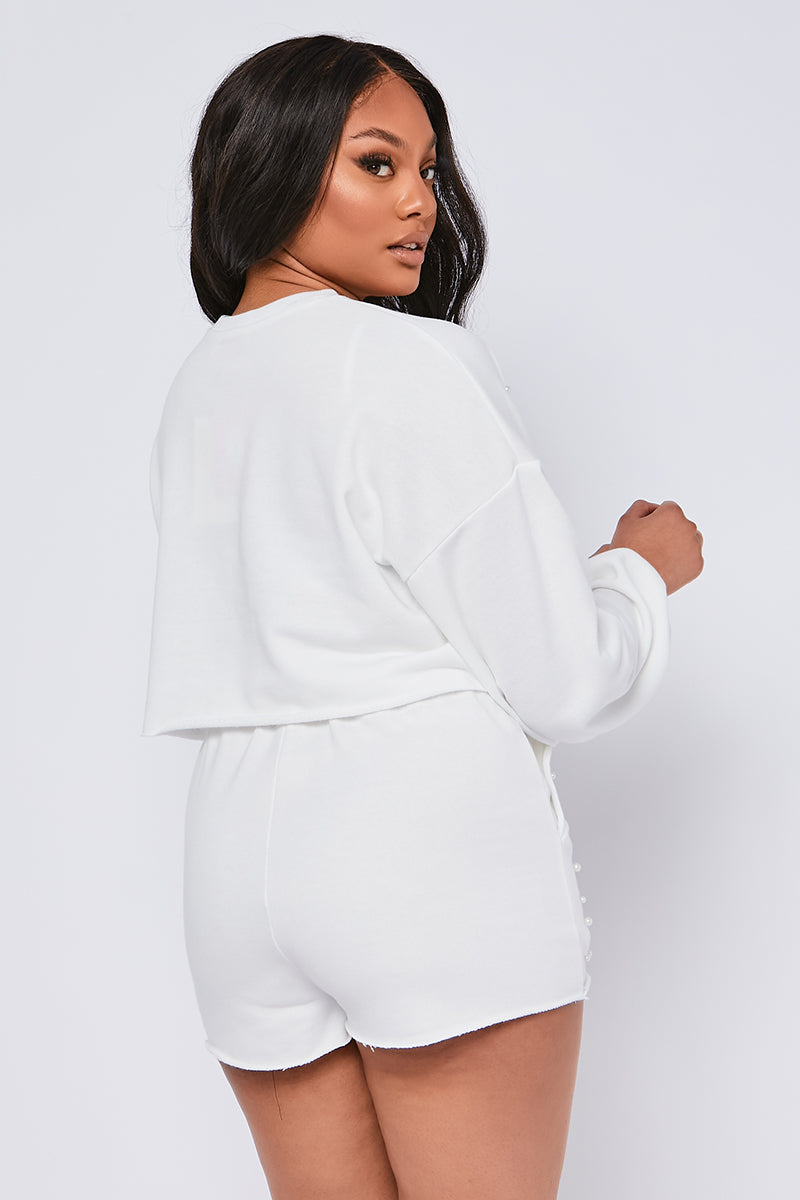 Pearl Embellished Loop Back Jersey Cropped Sweatshirt White
