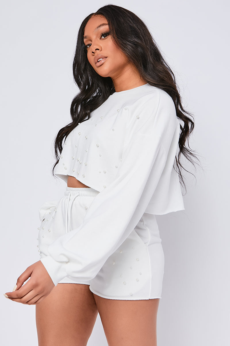 Pearl Embellished Loop Back Jersey Cropped Sweatshirt White