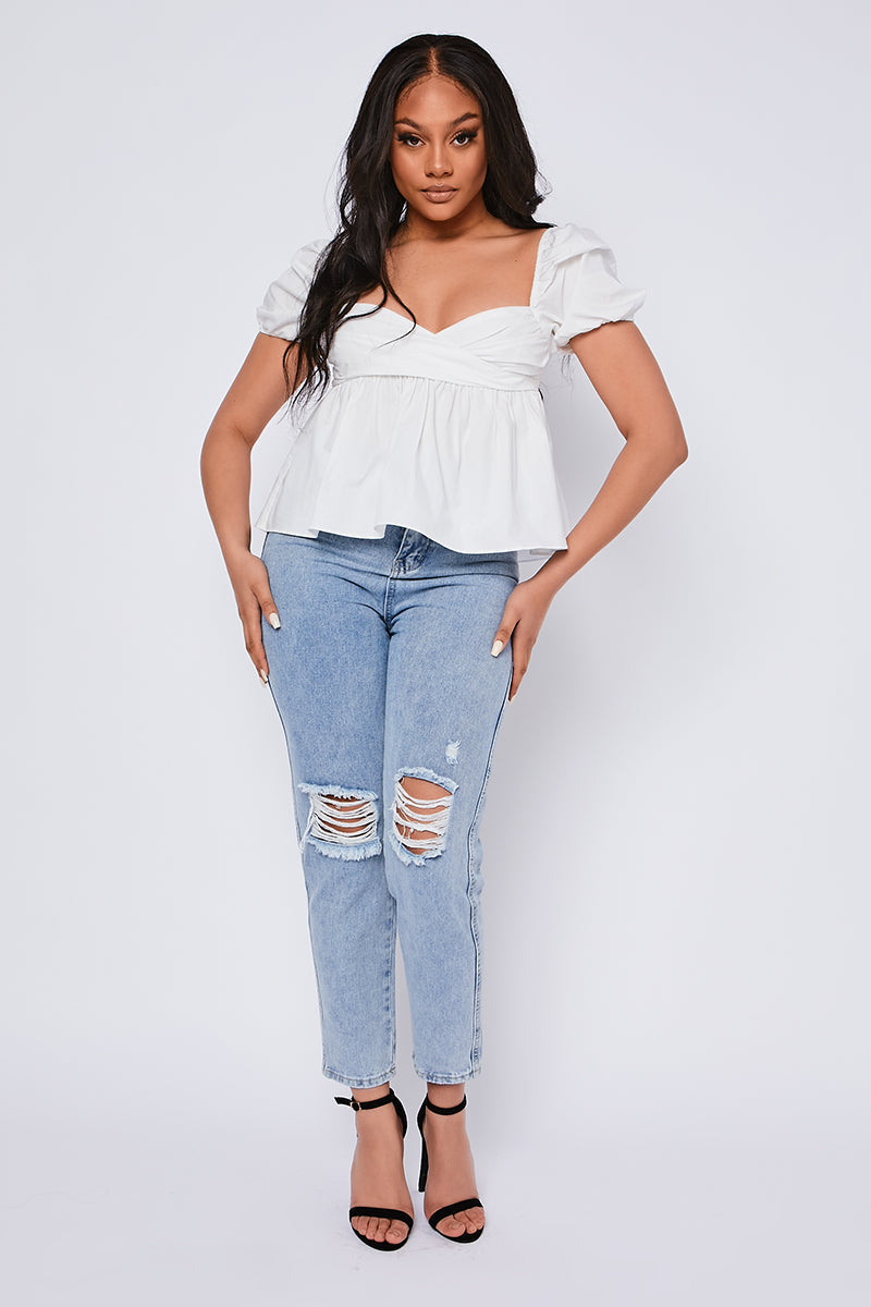 White Cotton Poplin Ruched Puff Sleeve Top