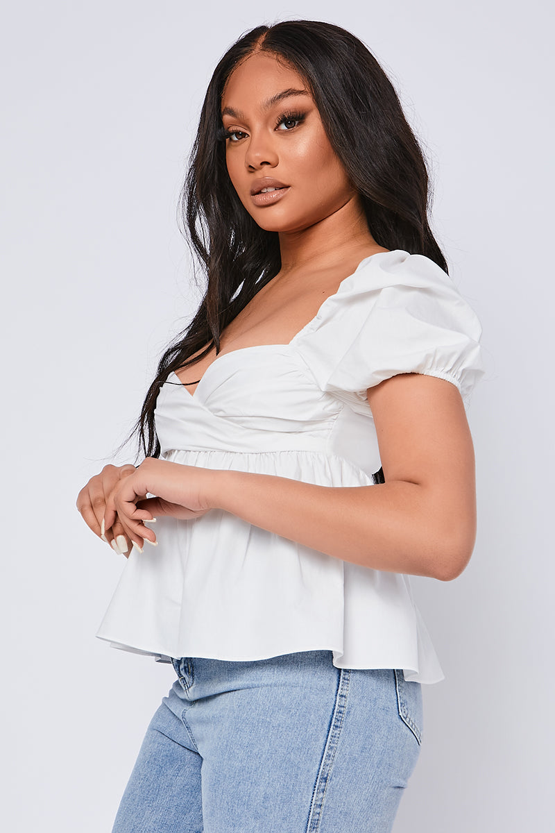 White Cotton Poplin Ruched Puff Sleeve Top