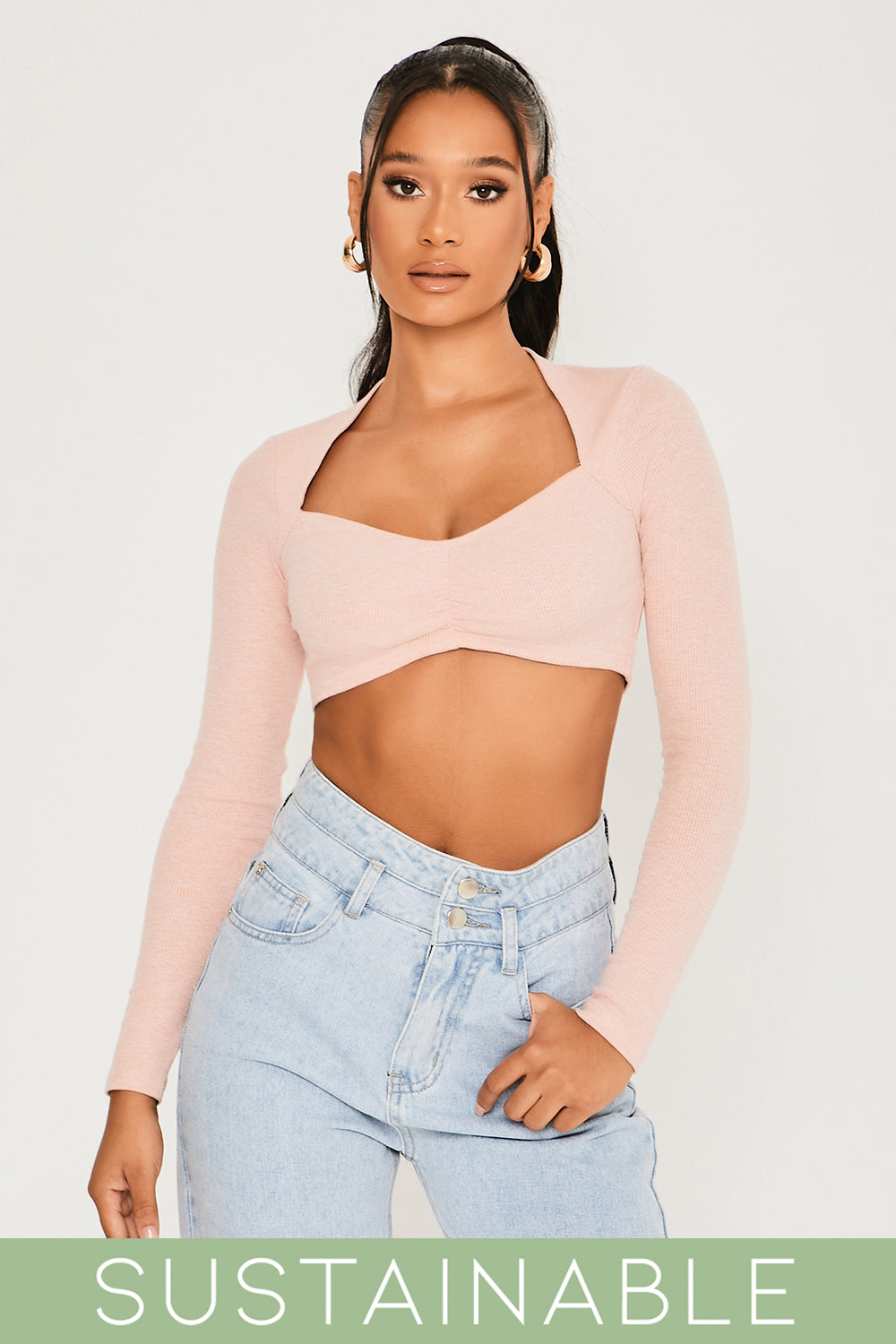 Recycled Rib Ruched Front Long Sleeve Crop Top Blush