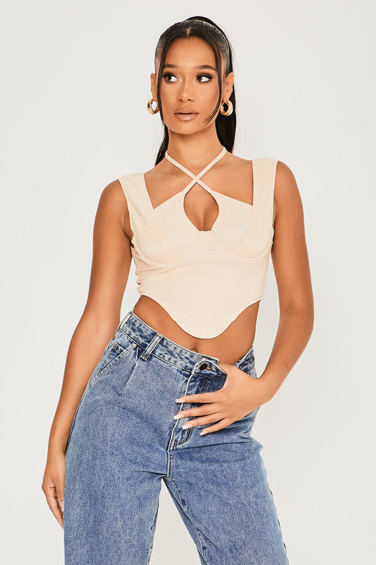 Cross Neck Tie Corset Top Ecru
