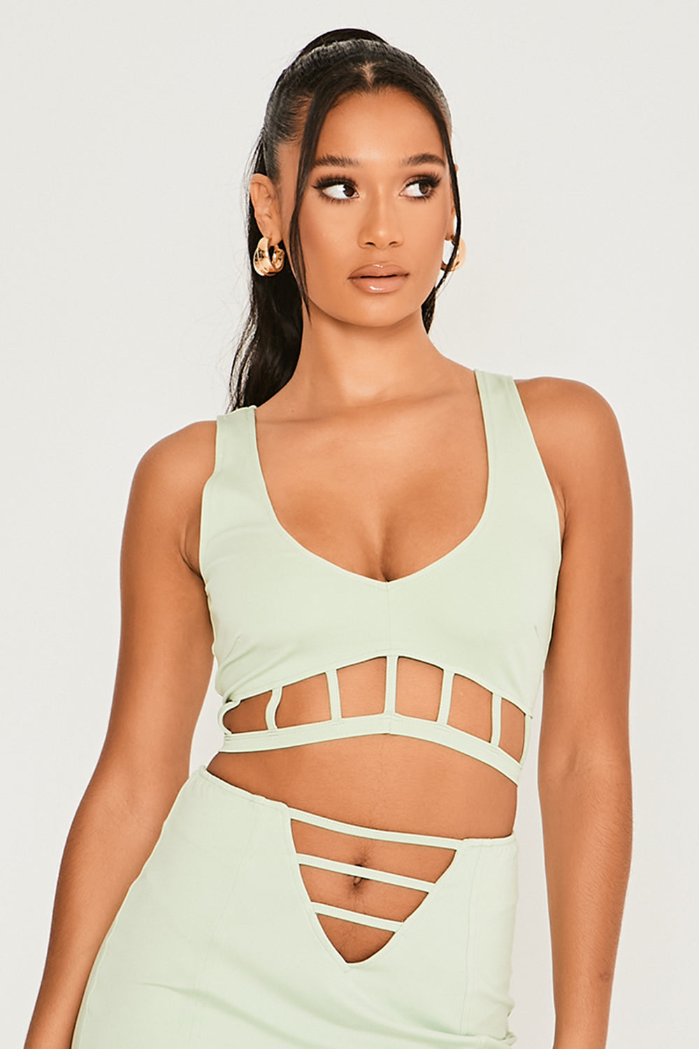 Plunge Neck Cut Out Detailed Crop Top Sage