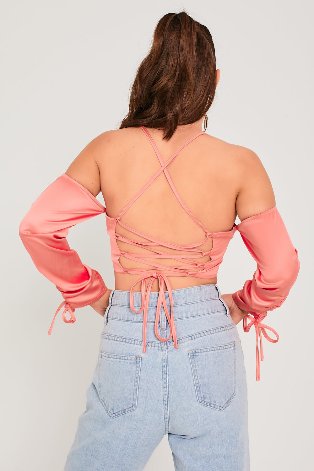 Cold Shoulder Long Sleeve Corset Top Coral