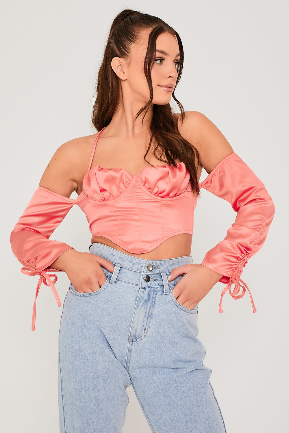 Cold Shoulder Long Sleeve Corset Top Coral