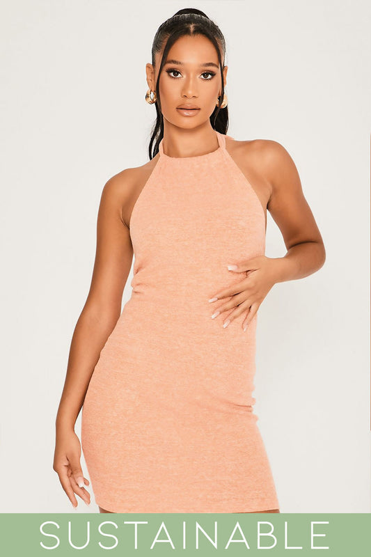 Recycled Rib Low Back Halter Neck Mini Dress Coral