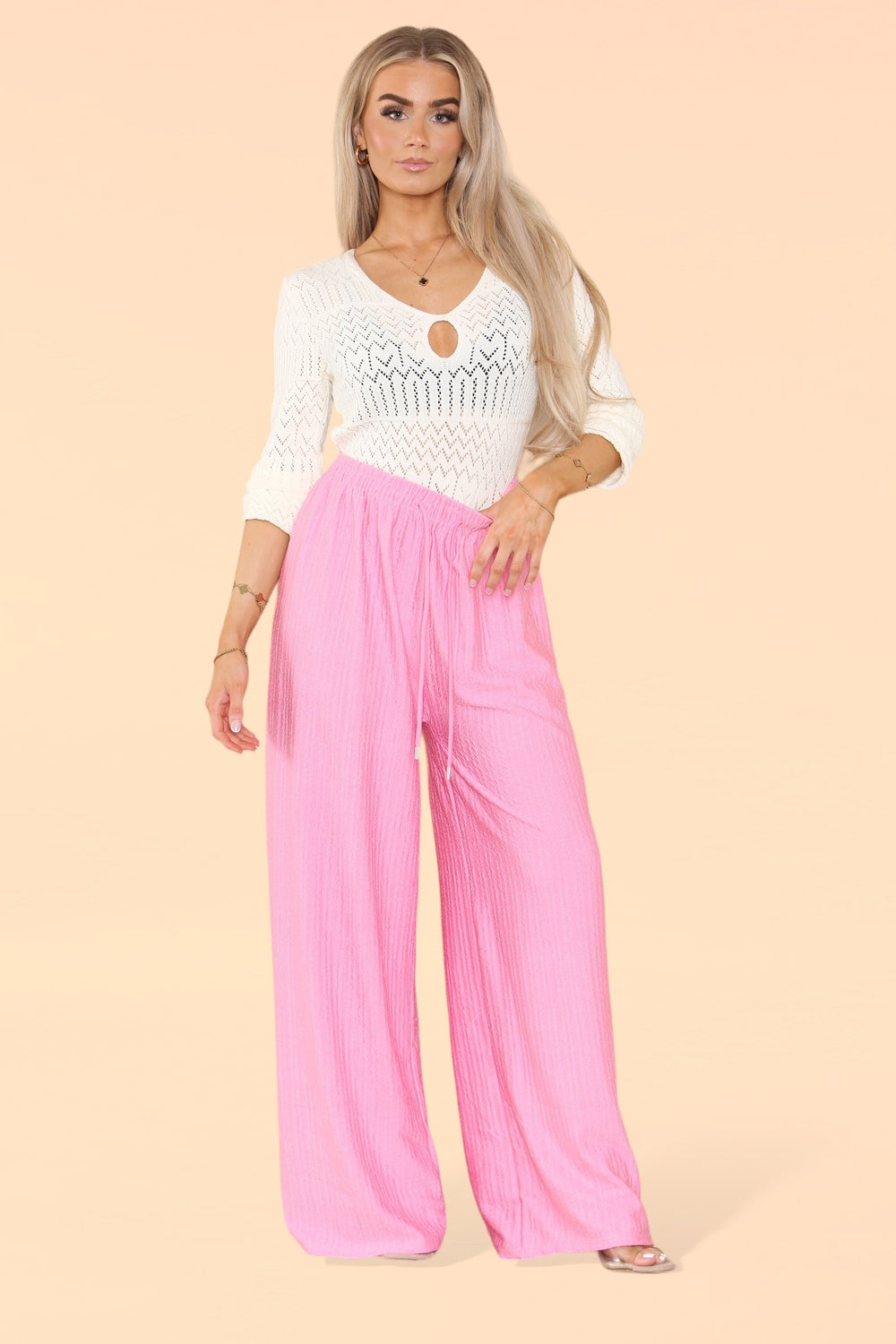 Wide Leg Elasticated Waistband Soft Textured Trousers in All 12 Colours