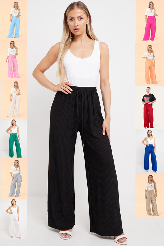 Wide Leg Elasticated Waistband Soft Textured Trousers in All 12 Colours