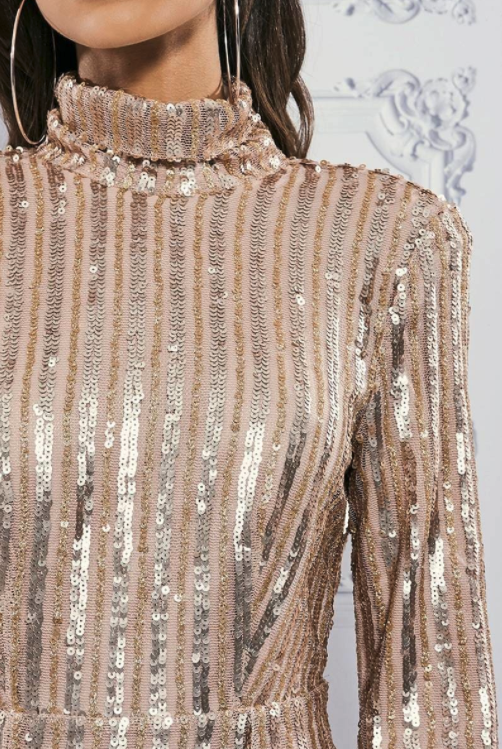 Premium Rose Roll Neck Linear Sequin Bodycon Dress