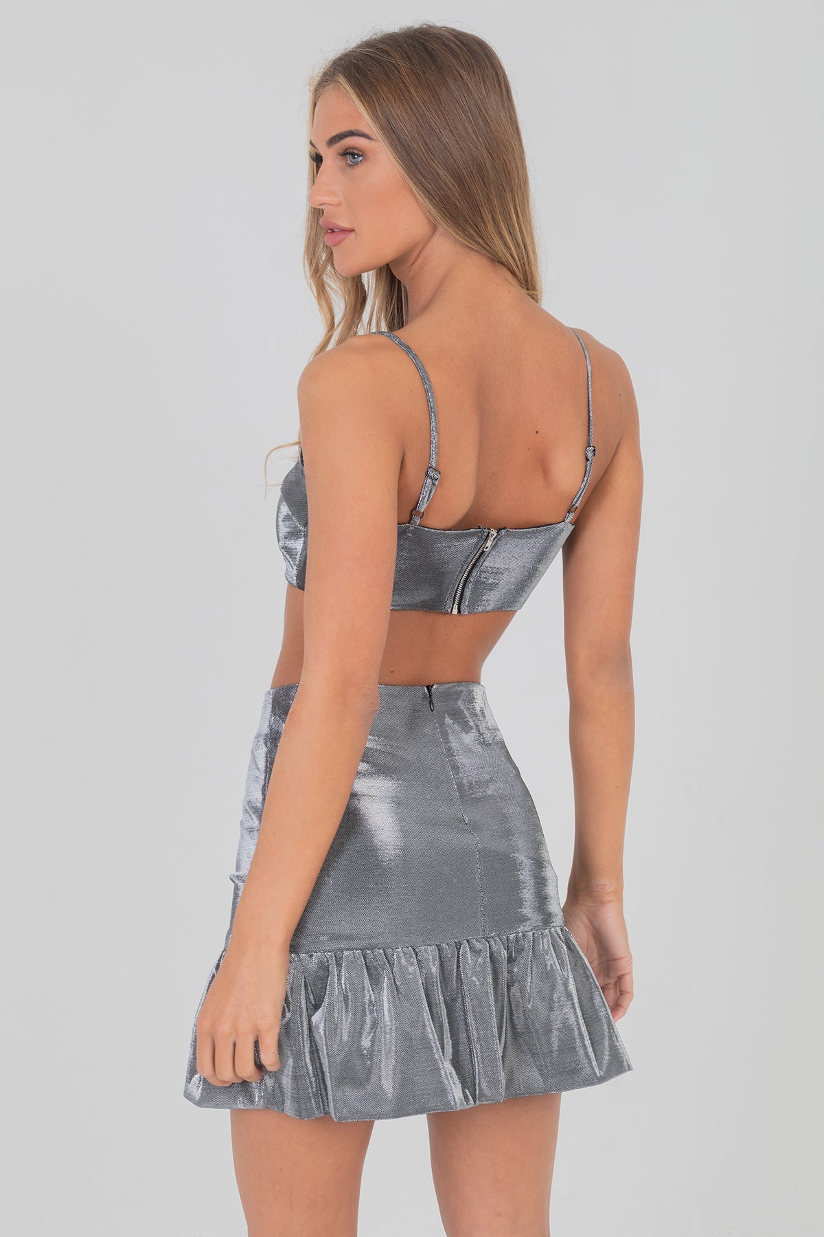 Frilled Metallic Co-Ords In Grey