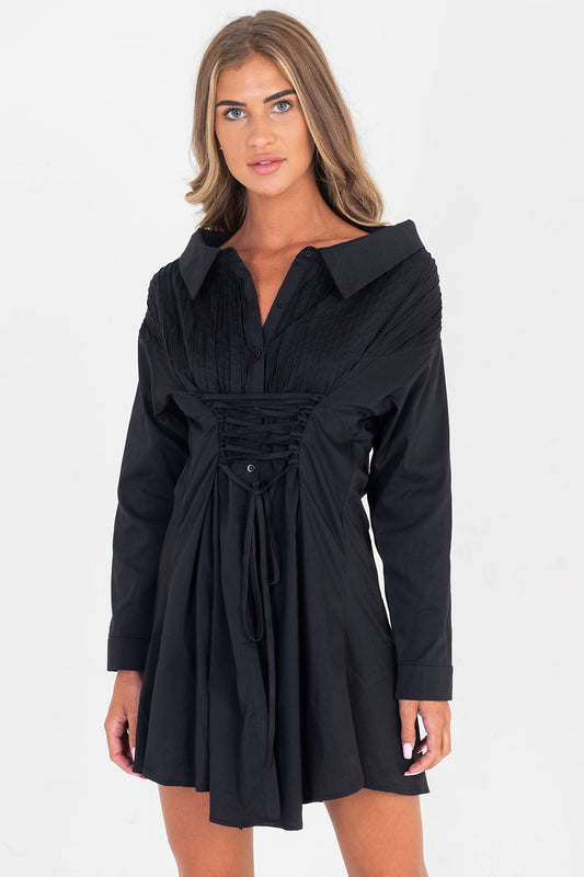 Tie Up Long Sleeve Shirt Swing Dress Black