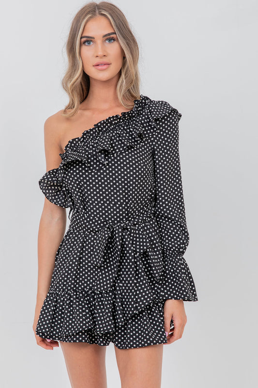 Frilled one shoulder polka dot dress Black