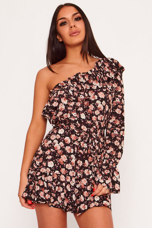 Floral Frilled One Shoulder Ruffle Hem Mini Dress Black