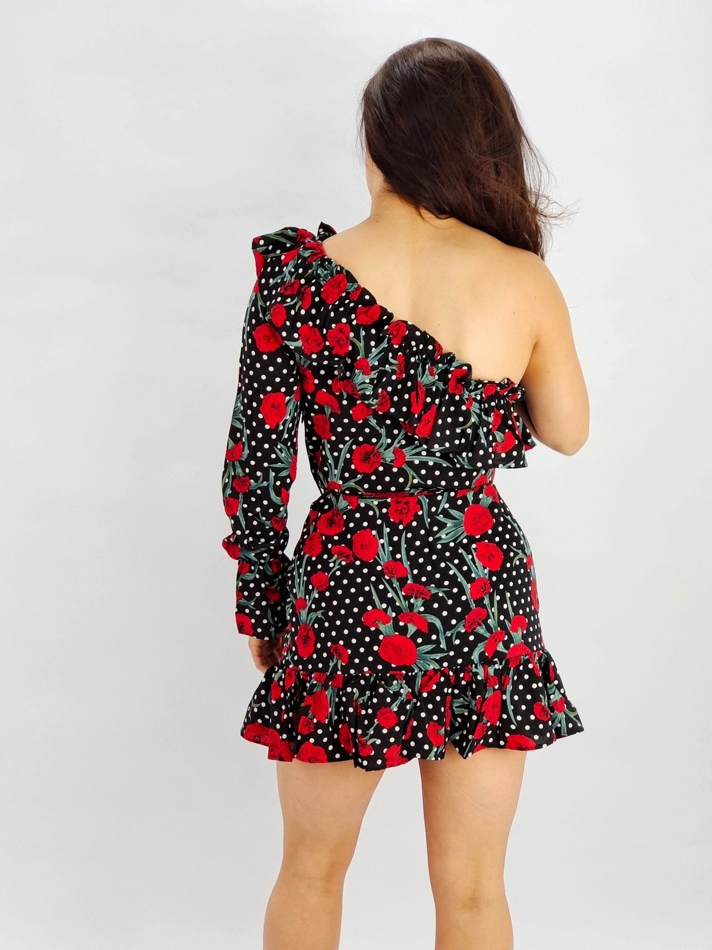 Red Floral One Shoulder Ruffle Hem Mini Dress