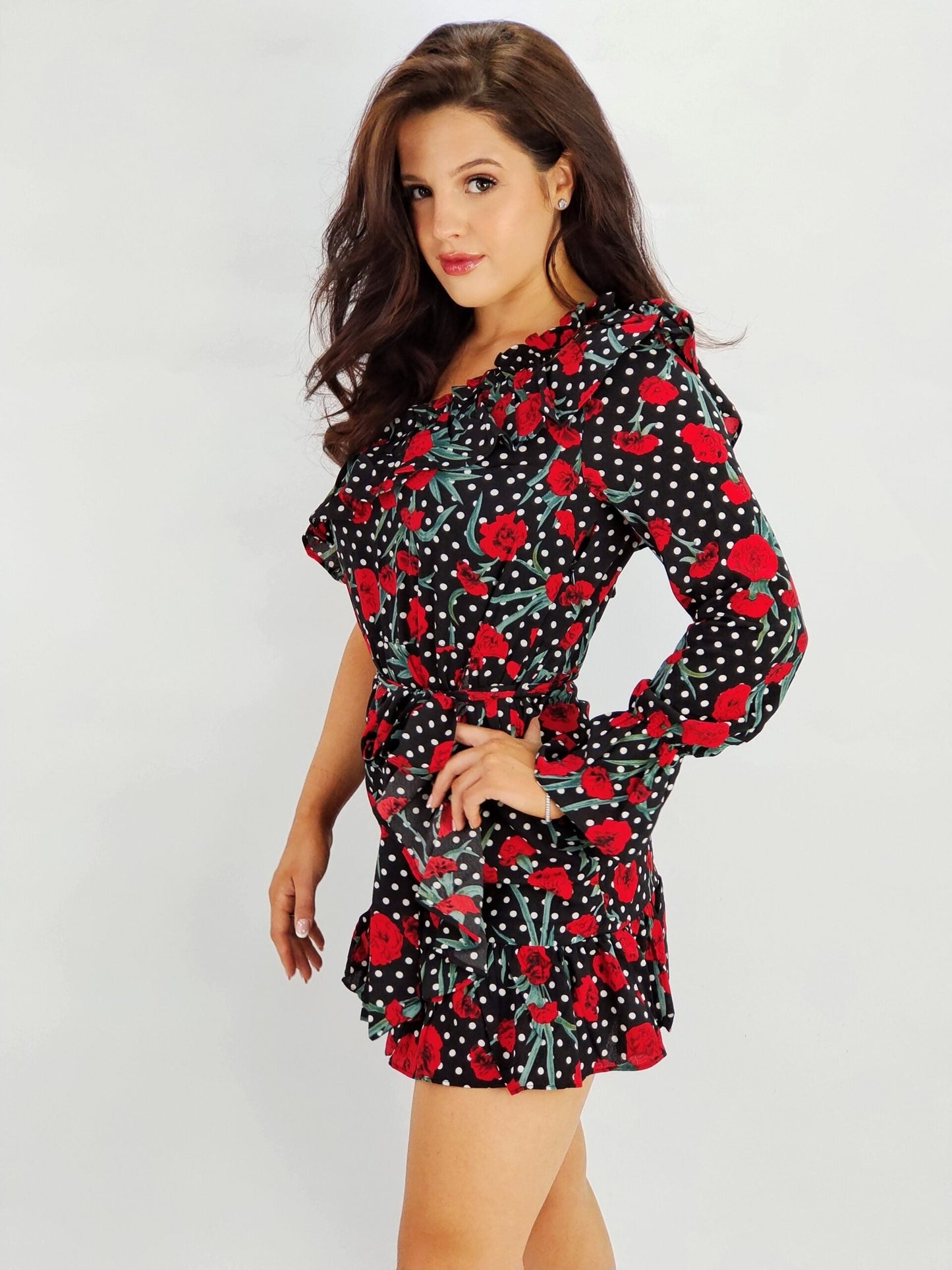 Red Floral One Shoulder Ruffle Hem Mini Dress