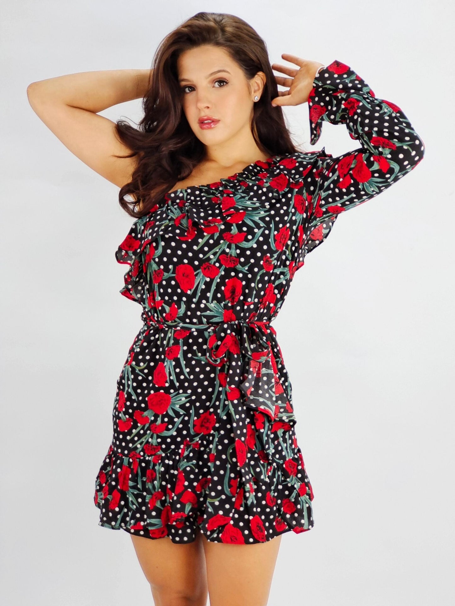 Red Floral One Shoulder Ruffle Hem Mini Dress