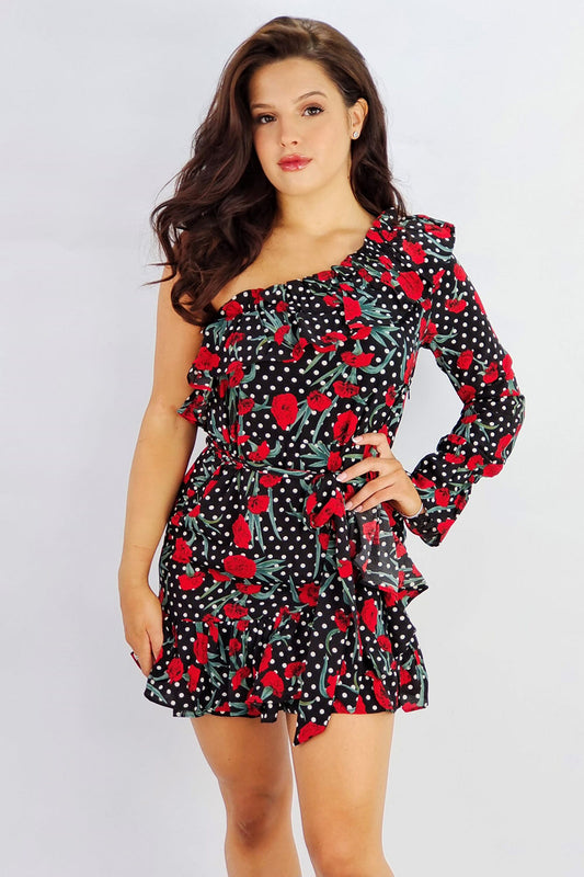 Red Floral One Shoulder Ruffle Hem Mini Dress
