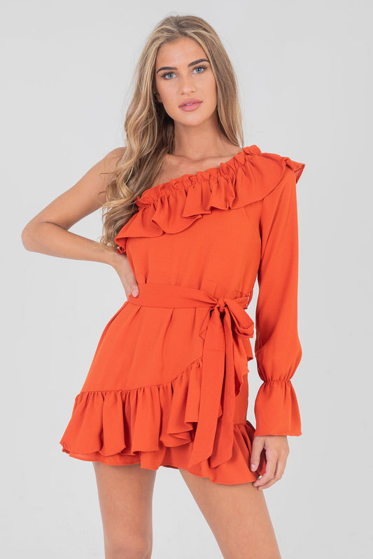 Frilled One Shoulder Polka Dot Dress Rust
