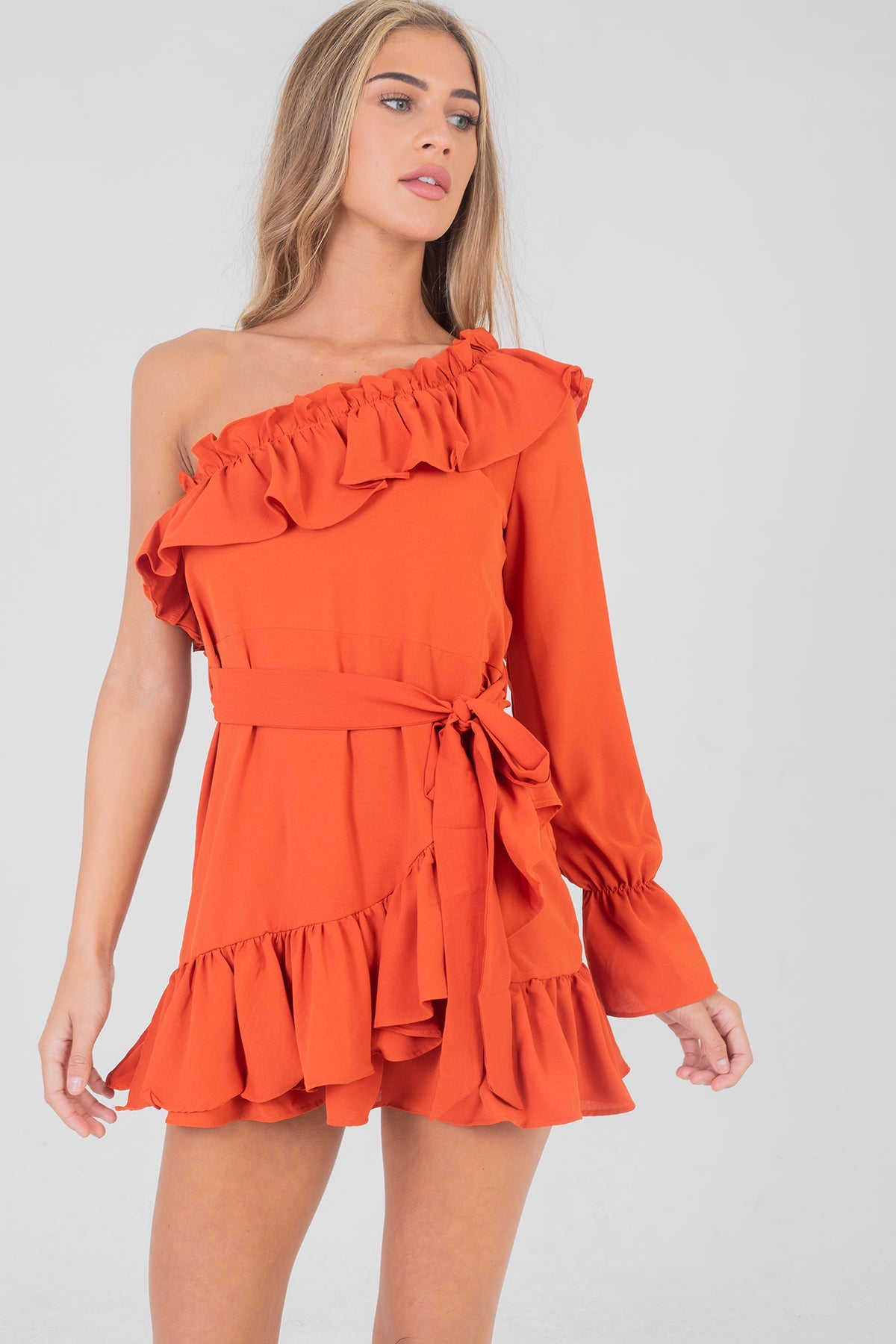 Frilled One Shoulder Polka Dot Dress Rust