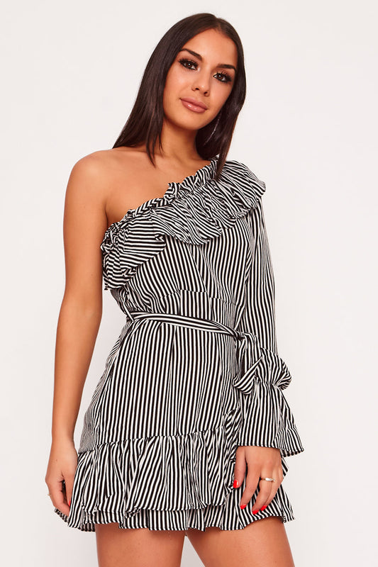 Stripe Frilled One Shoulder Polka Dot Dress Black & White