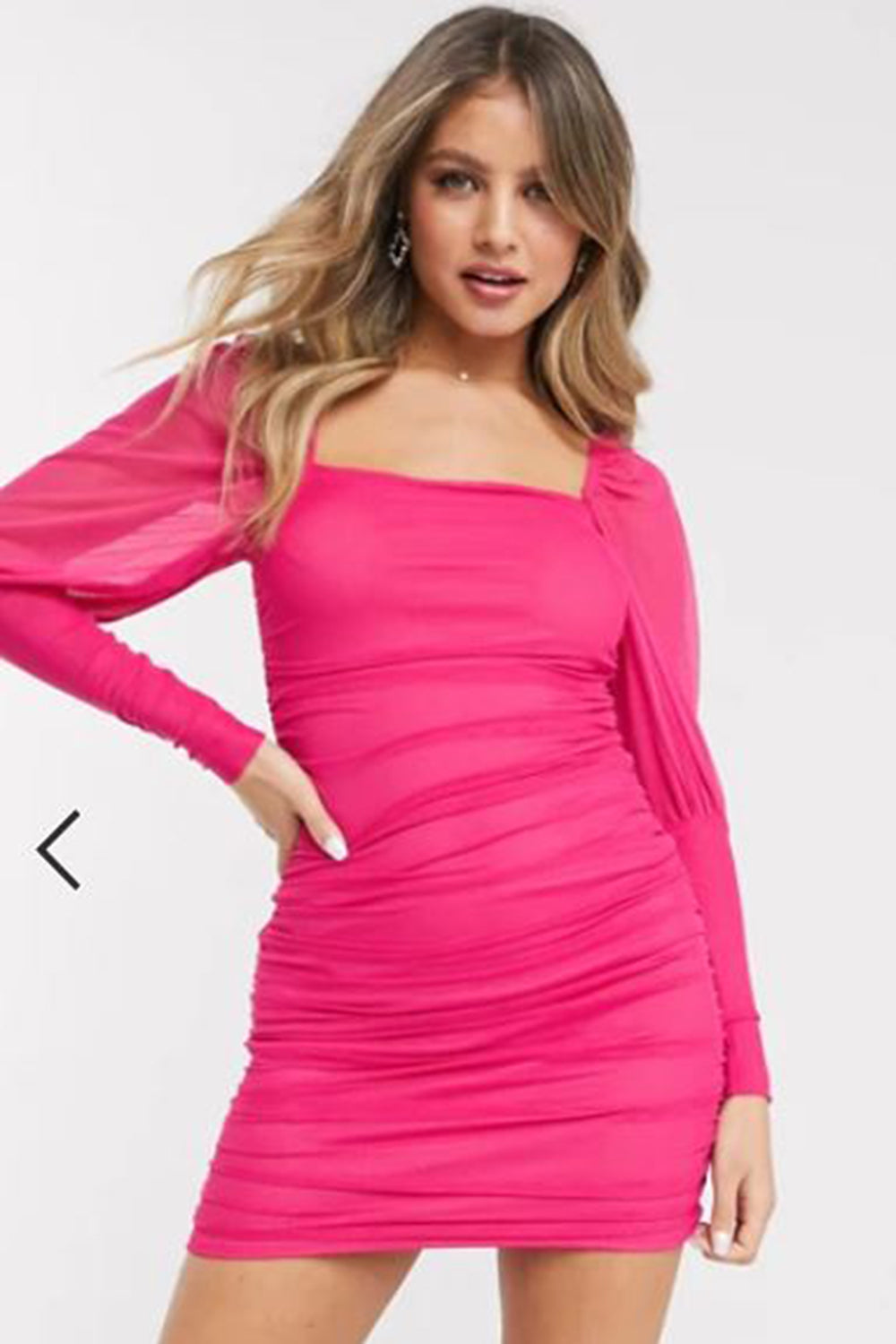 Square Neck Ruched Mini Dress In Hot Pink