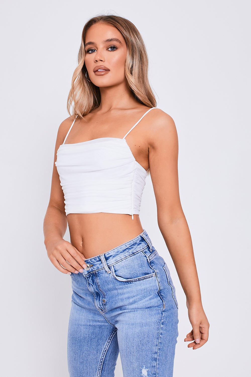Square Neck Strappy Ruched Crop Top White