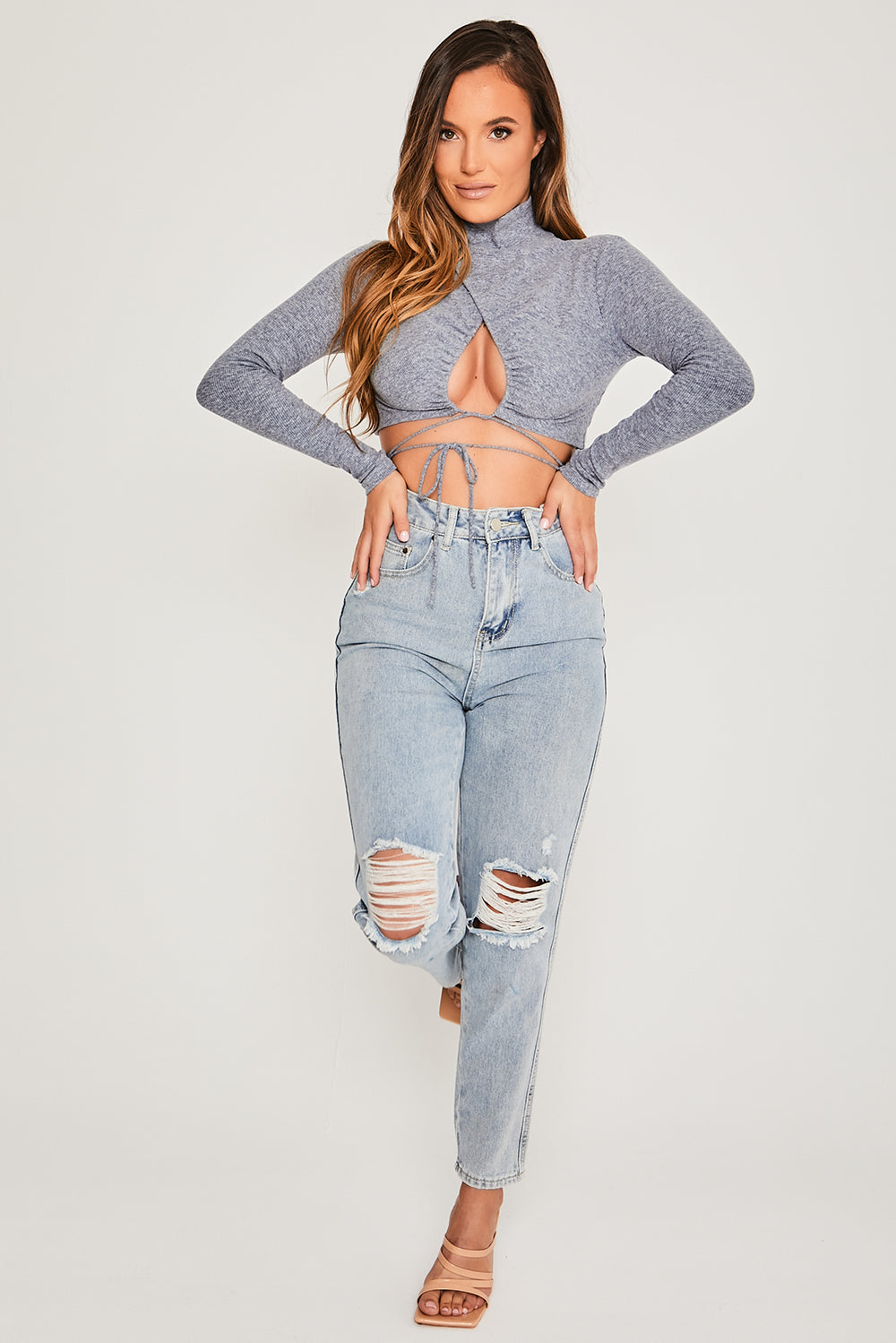 Recycled Rib Tie Front Cut Out Detail High Neck Crop Top Grey Blue
