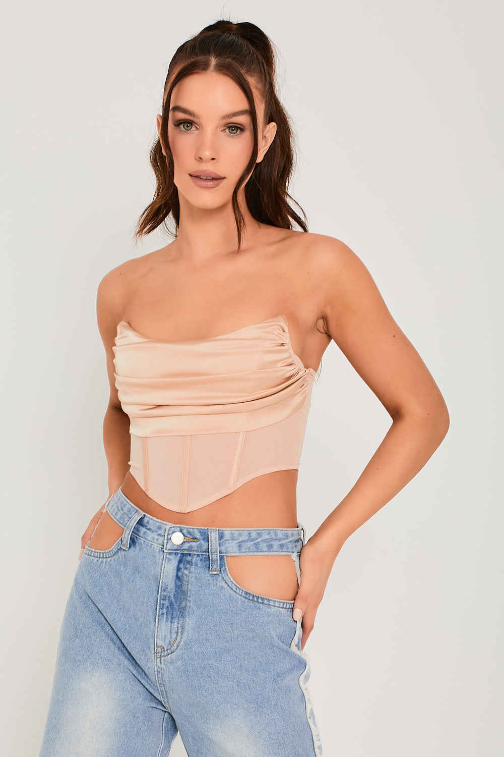 Satin Drape Front Mesh Detail Corset Top Champagne