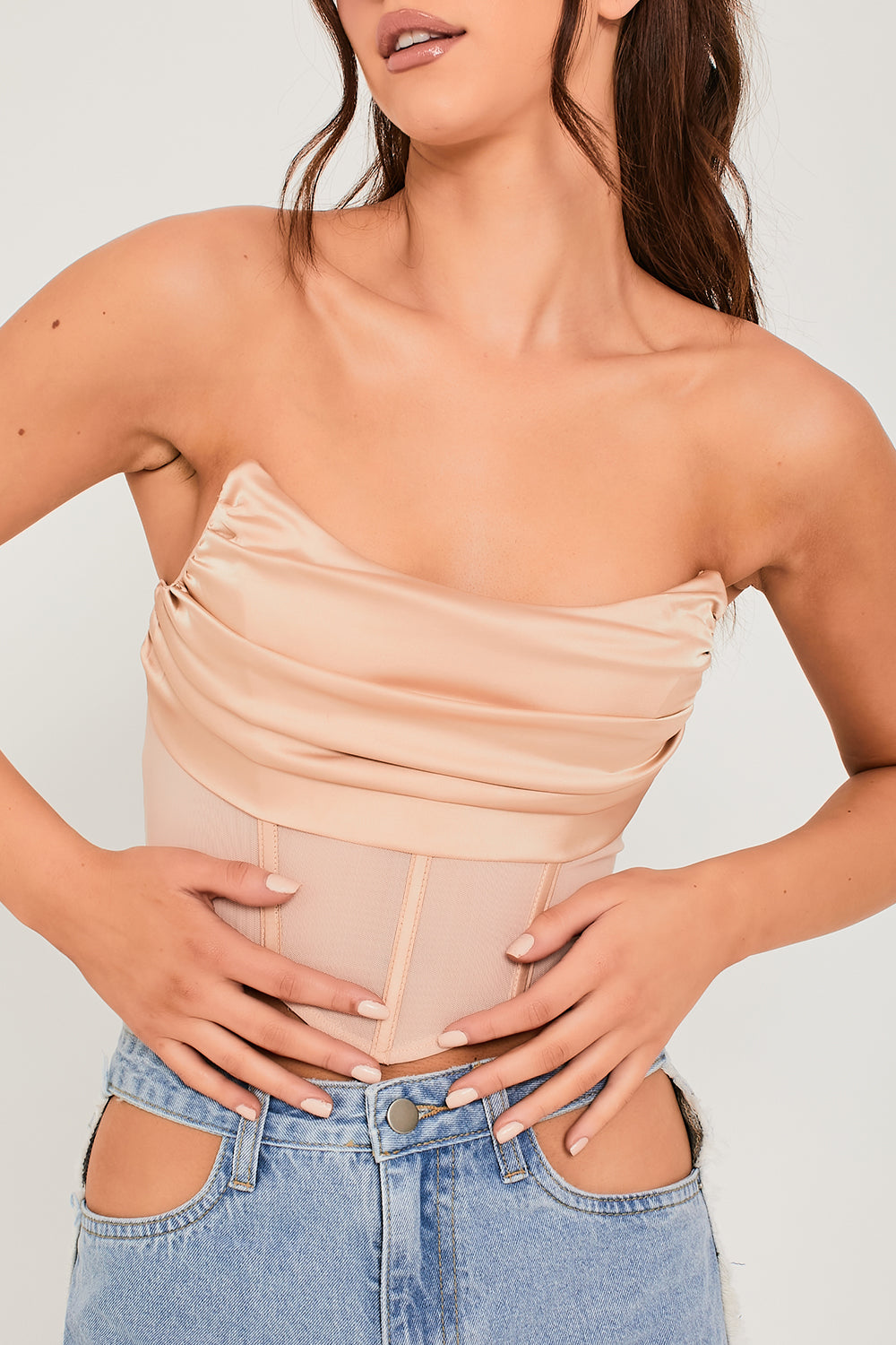 Satin Drape Front Mesh Detail Corset Top Champagne