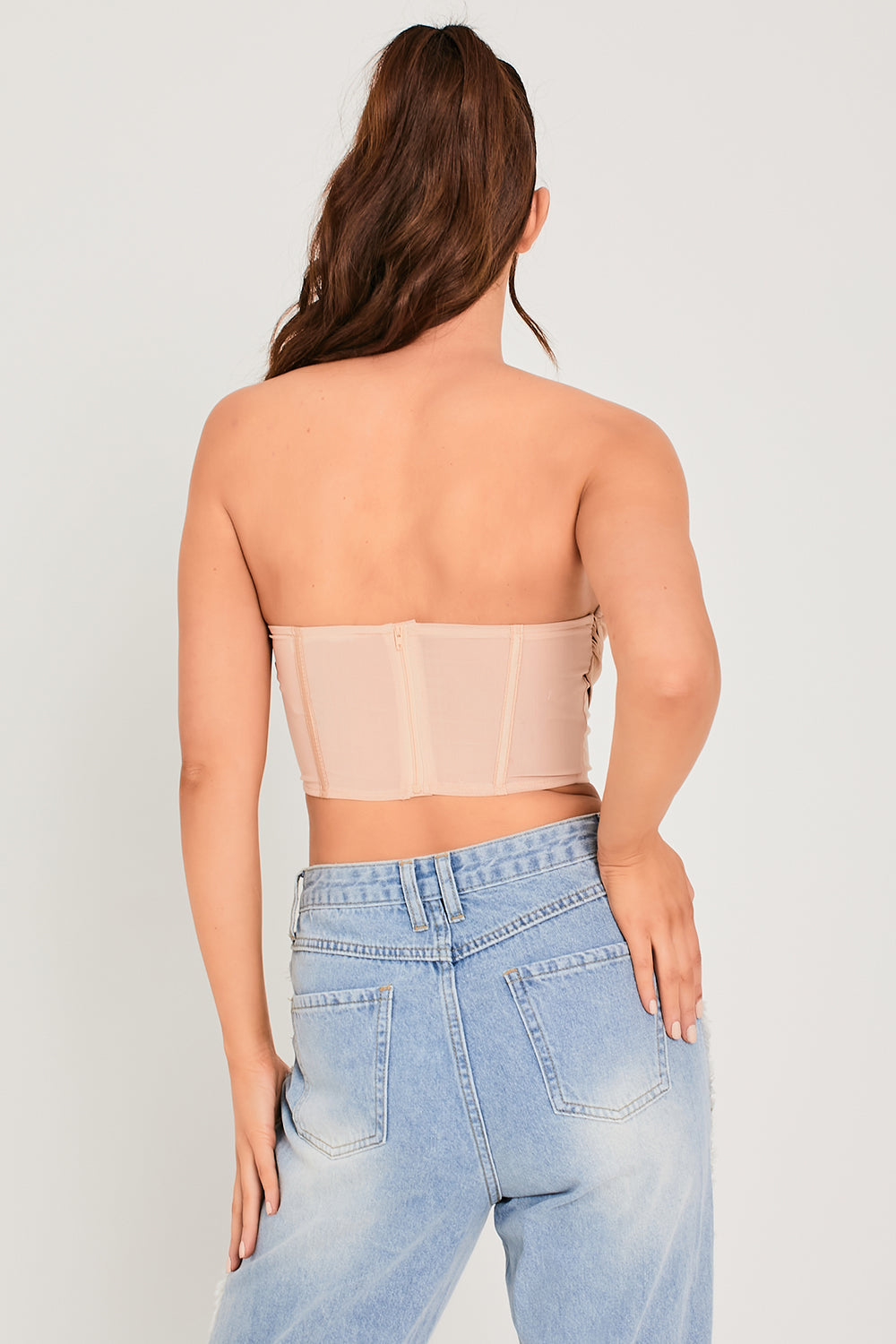 Satin Drape Front Mesh Detail Corset Top Champagne