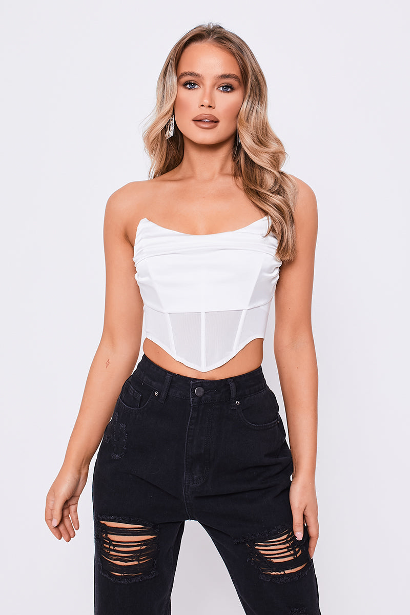 Satin Drape Front Mesh Detail Corset Top Whit