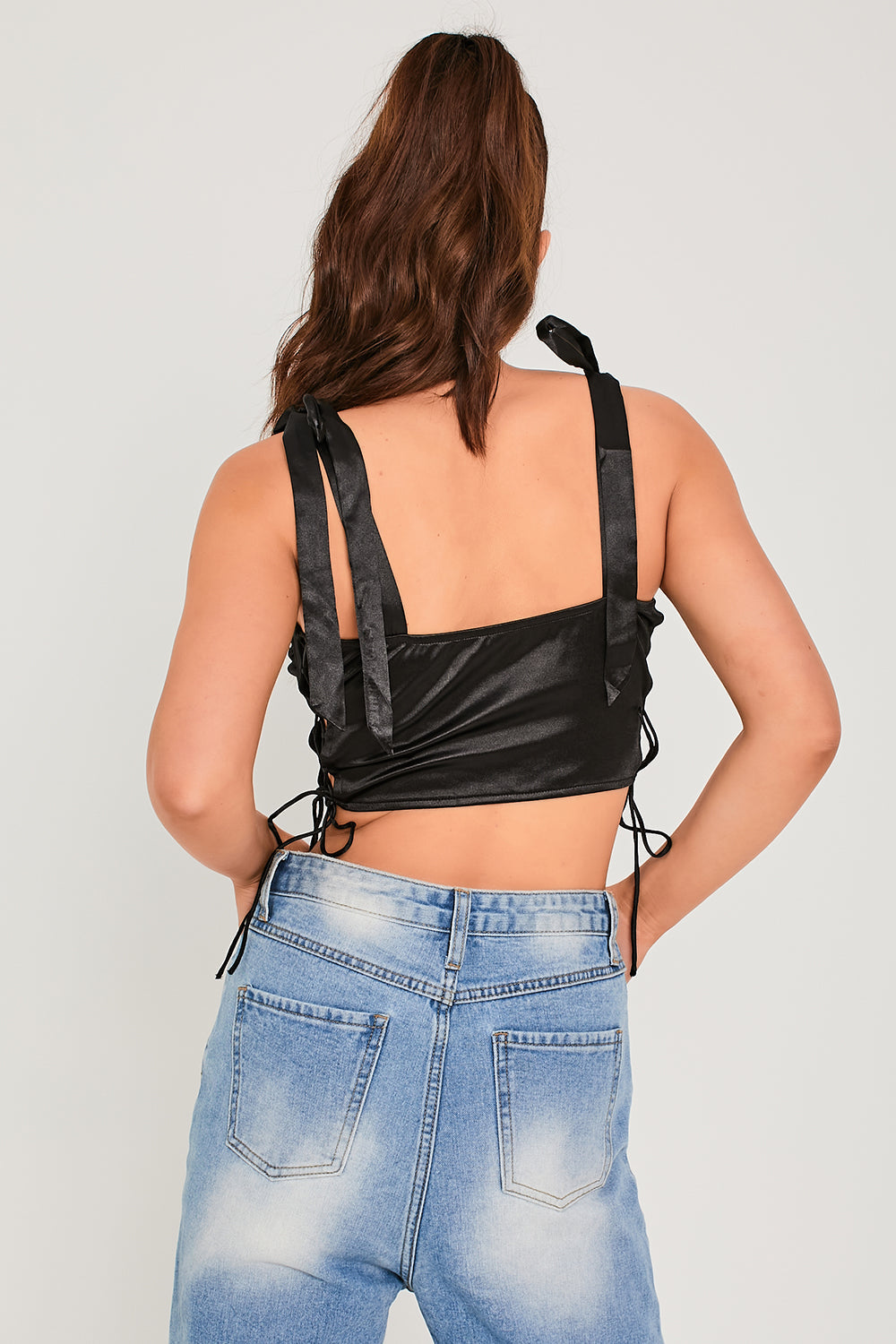 Tie Shoulder Laced Side Ruched Bust Crop Top Black