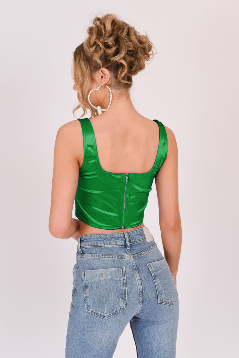 Satin Square Neckline Crop Top Green