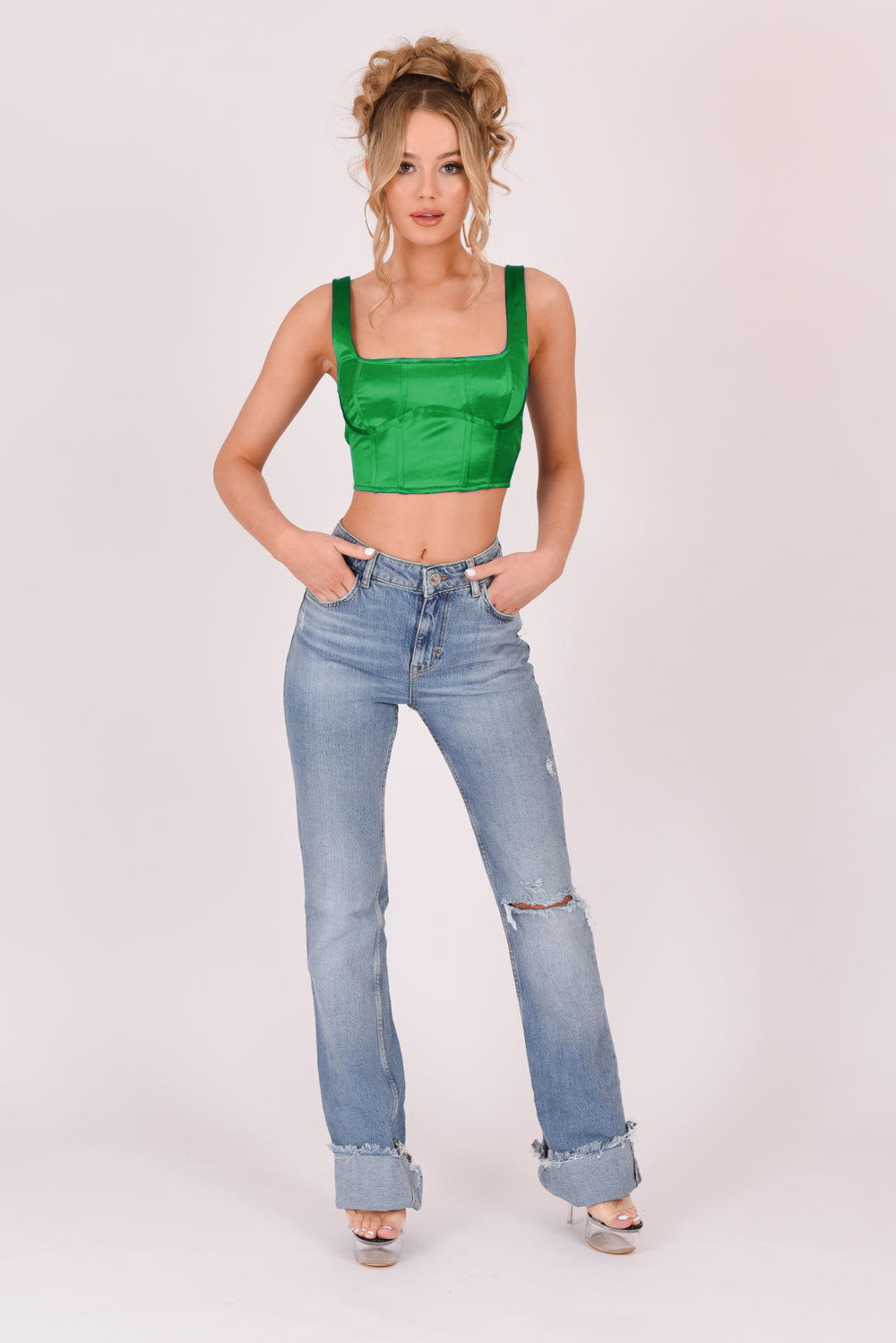 Satin Square Neckline Crop Top Green