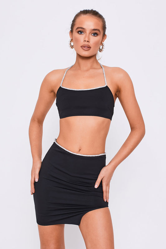 Diamante Trim Halterneck Crop Top & Mini Skirt Co-Ord Black