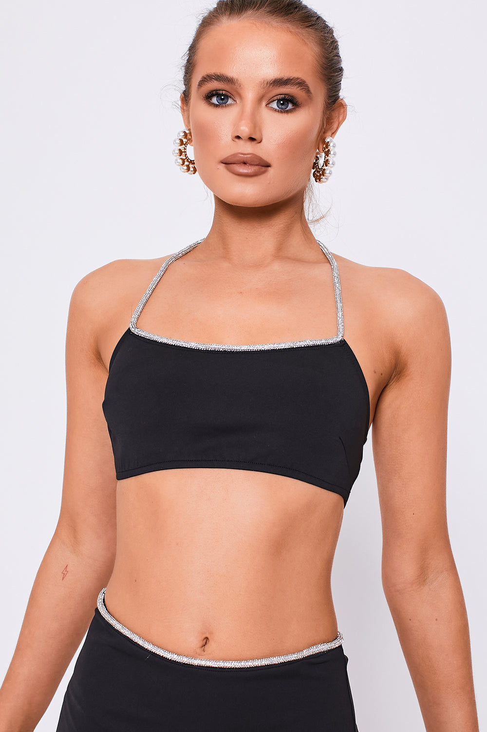 Diamante Trim Halterneck Crop Top & Mini Skirt Co-Ord Black