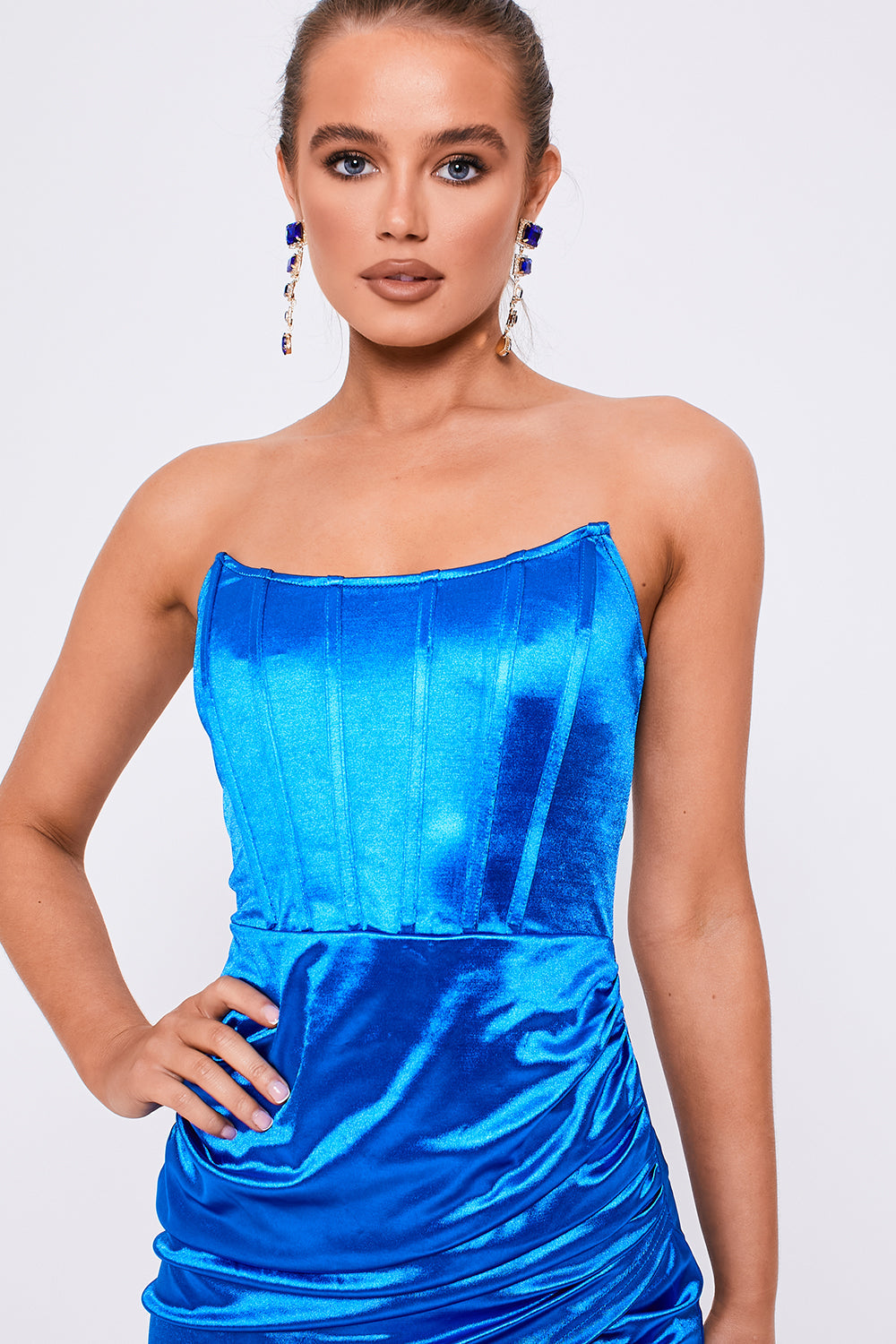 Satin Corset Detail Wrap Front Mini Dress Cobalt