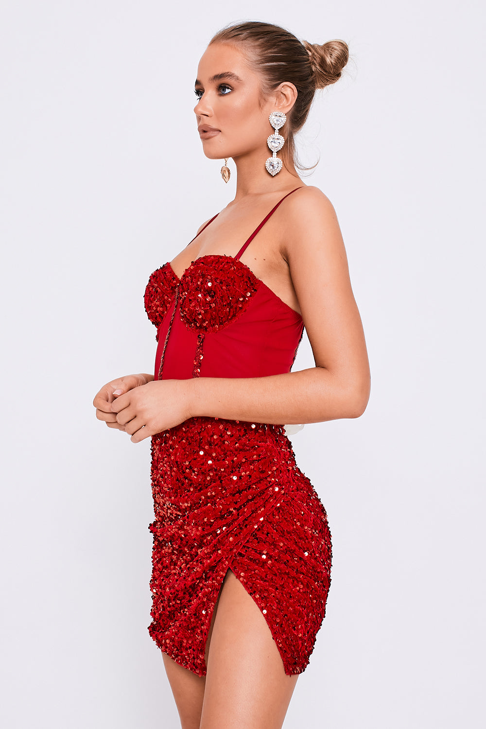 Mesh Insert Bustier Wrap Detail Sequin Dress Red