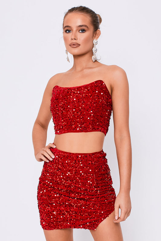 Sequin Corset Top & Mini Skirt Co-Ord Red