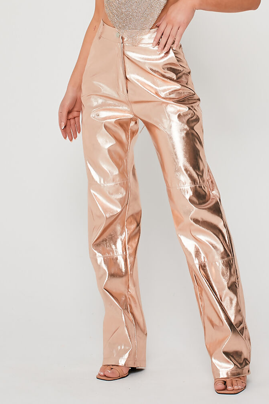 Full Length Wide Leg Metallic Trousers Gold