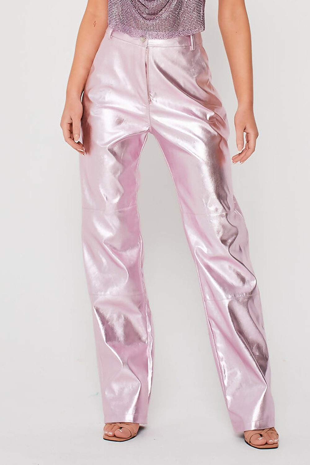 Full Length Wide Leg Metallic Trousers Pink